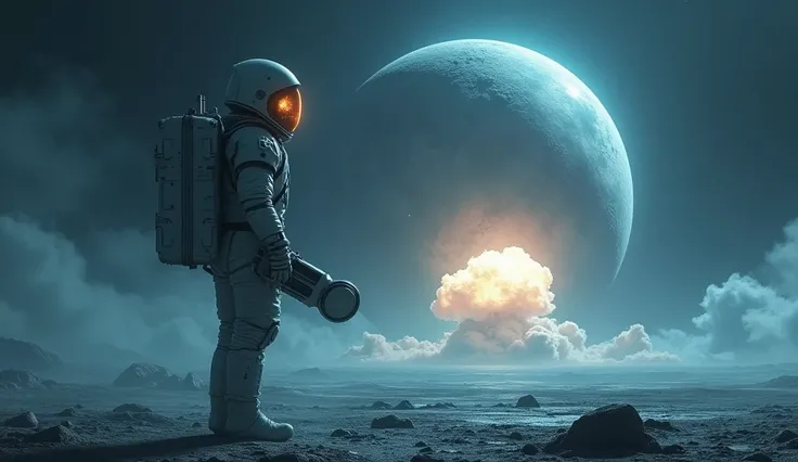 "An astronaut standing on the surface of Neptune, holding a nuclear device that is about to explode. The dark, icy blue atmosphere of Neptune fills the background with swirling clouds and a distant view of its stormy surface. The astronaut is in a futurist...