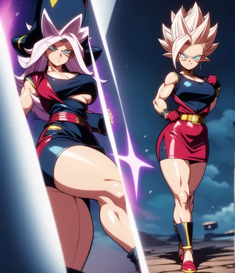 dbsuper style, 
Petite Girl, green aura, super saiyan aura, belt, purple colored hair, huge hair, bruise, bruise on face, clenched hands, frown, Mages hat, gloves, blue eyes, grey gloves, evil grin, medium breasts, petite, soft muscles, solo, spiked hair, ...