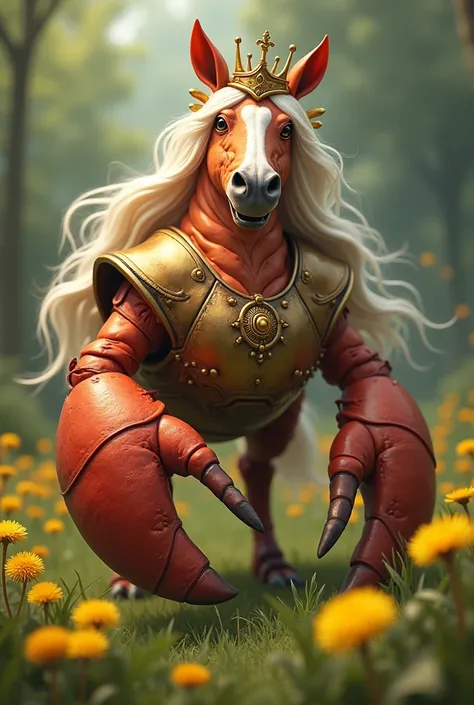  Draw a lobster similar to a horse with a golden crown, human face,  Womens hair , with 
dandelions and iron shell  