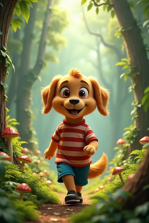 Dog in the woods wearing happy s clothes 