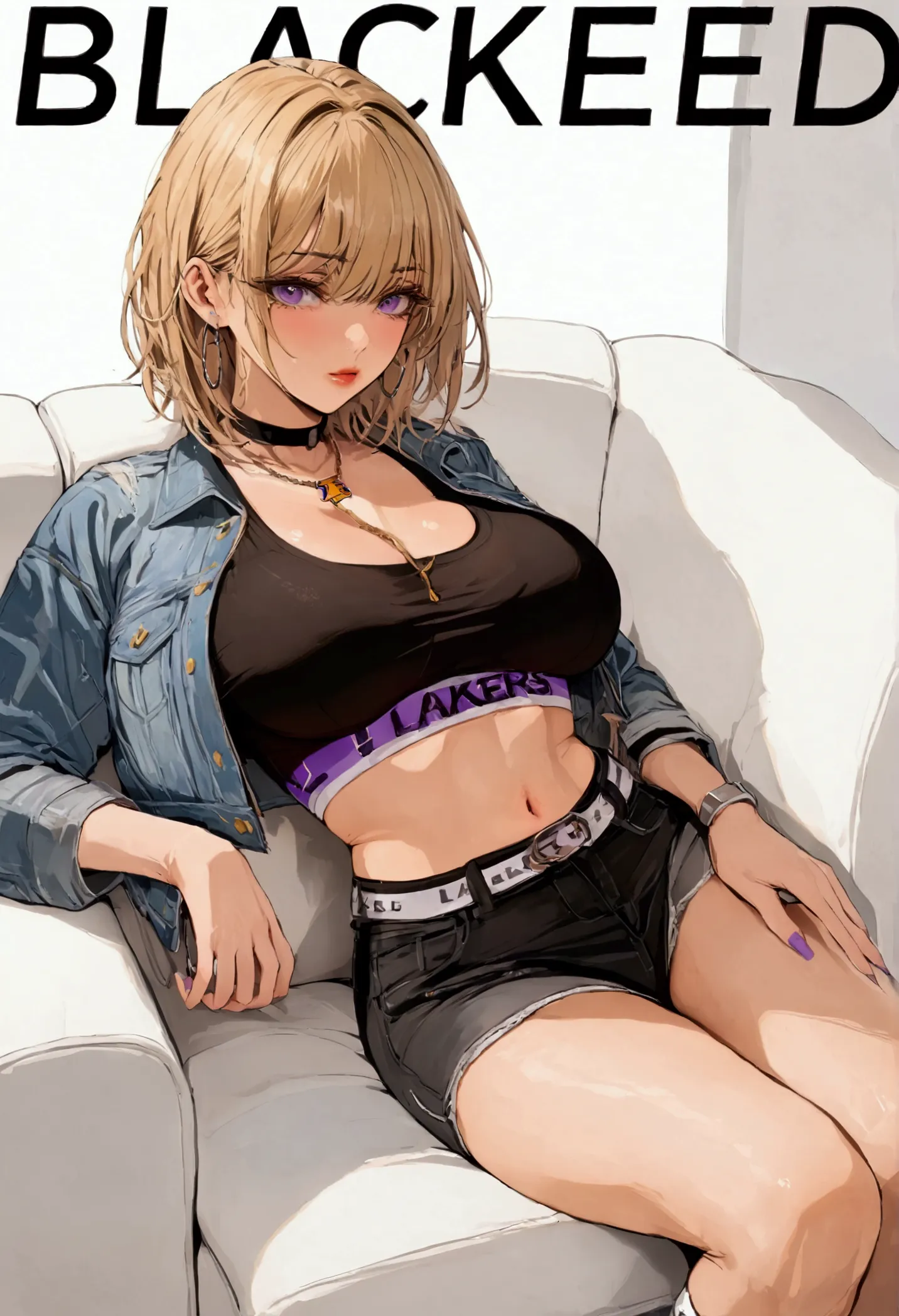 milf busty dirty blonde with short hair, wearing a lakers crop top under a black denim jacket and black denim short shorts, and ...