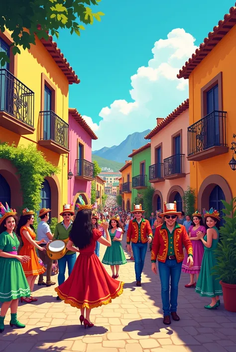 Carnival-themed illustrated drawing with Madrid street in the town of La Carolina in Jaén