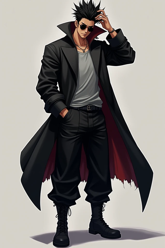 A male, Tan skin, Red eyes, Black spiky hair, tall, Black round sunglasses, Grey t-shirt, Black knee lenght coat with high Torn collar, Black baggy pants, Black boots, swaying his hair back with one hand, and other expenden forward 