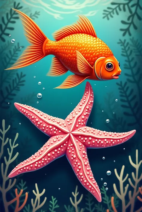 Orange fish,pink sea star Underwater life tattoo designed