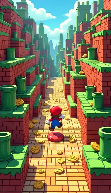 " A detailed floor plan for a classic Mario Bros setting ,  without traps or floating platforms ,  but with the characteristic vibrant and dynamic design of the Mario universe :

 Brick floor :  The floor is composed of blocks of brown bricks ,  distribute...