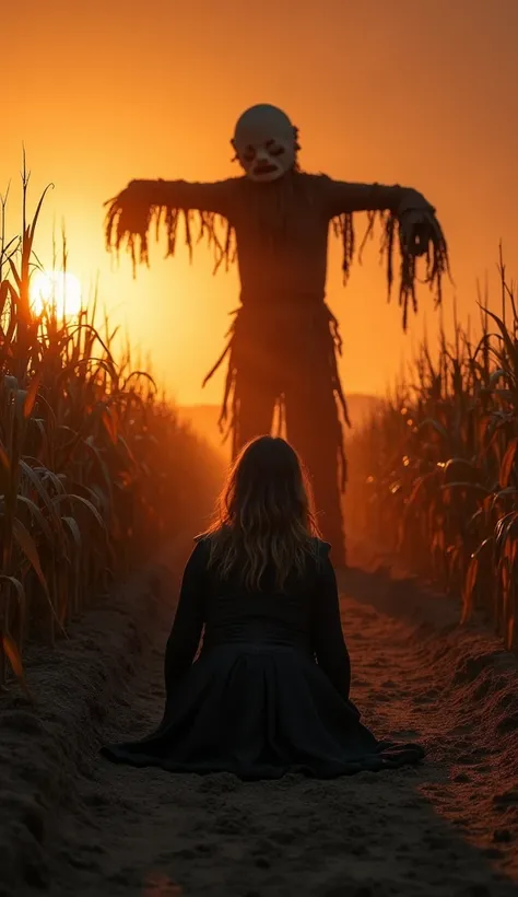  A burning cornfield at dawn ,  with a woman covered in soot kneeling on the ground,  looking at the horizon. behind her, Among the ashes, The scarecrow reappears , intact,  with its grotesque mask and a threatening posture .