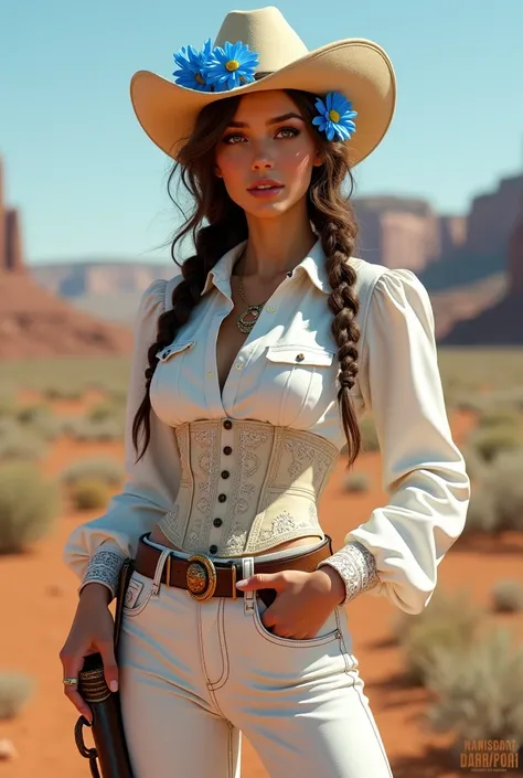 A cowboy woman with brown braided and blue flowers in her hair and white blouse with corset and white pants in cowboy design
