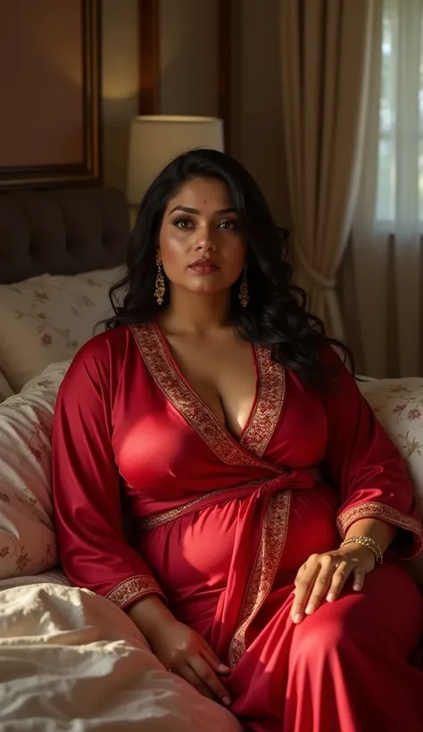 Indian curvy big boobs 40 years old women wearing red robe sitting on bed of room