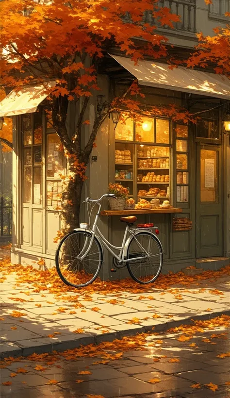 /imagine prompt: Viral anime nature wallpaper in 4K quality, in the style of Studio Ghibli-inspired digital illustration, depicting a charming café nestled in a quiet cobblestone street during a gentle autumn rain, with vibrant orange and red leaves coveri...