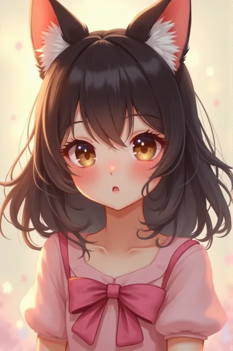 A girl with dark brown hair and brown eyes, with cat ears and a pink bow dress 