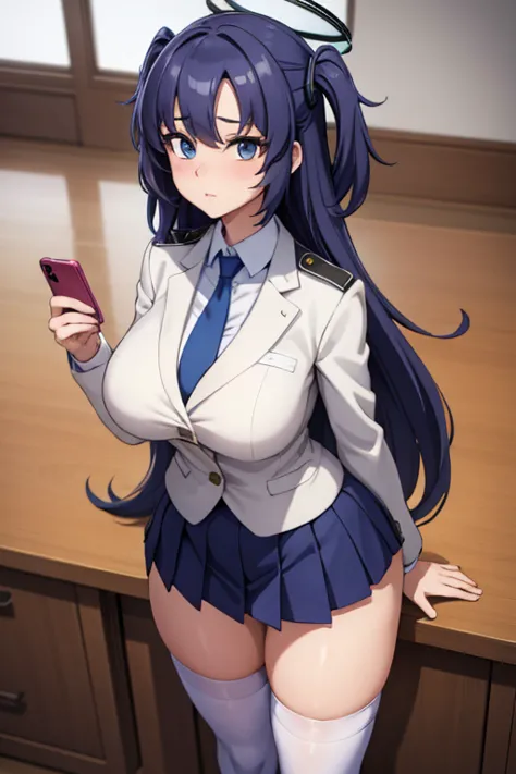 ((  best quality)), ((masterpiece)), ( super detailed),  school,uniform,date,halo,tie,female 1 person, standing,smartphone, knee...