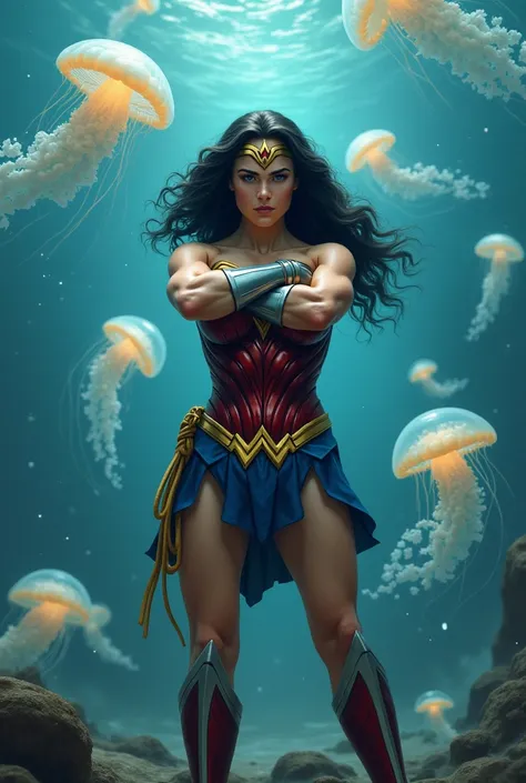 Wonder Woman places her arms crossed in front of her face in an act of defense and sets off on top of the jellyfish