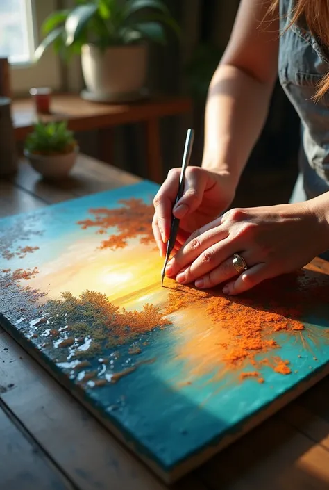 image of hands decorating a beautiful painting with resin geola technique, realistic