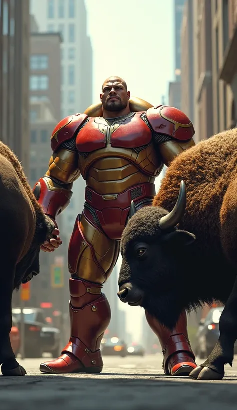 Juggernaut Marvel in front of a buffalo in the city