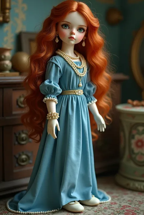 Victorian-era porcelain doll standing with green eyes, long red hair wearing a blue long skirt dress , white shoes, cream-white gloves , WITH NECKLACES, pearl bracelet and earrings  