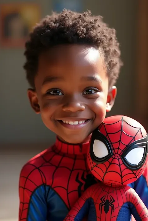   black boy, , sweet face with Spiderman mask, beautiful brown eyes, with identical Marvel Spidey outfit, smiling and holding a Marvel Spidey doll