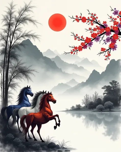 A traditional Chinese ink painting style painting with most of the space left in the center and upper left side of the image. There are three colorful steeds perched at the bottom right corner of the picture by a few inky bamboo plants, with their front ho...