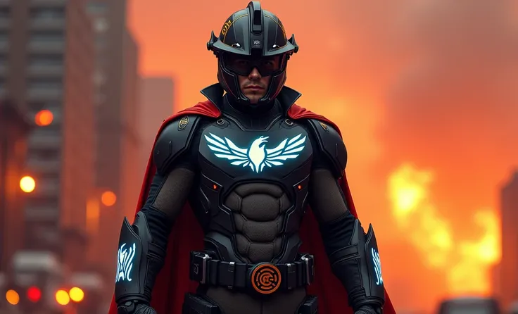 Here’s another take on the professional image of a firefighter reimagined as an outsider hero, inspired by characters like Batman, Spiderman, or Superman. This version emphasizes a fusion of realism and fantasy:

### **Visual Concept:**
- **Suit Design:** ...