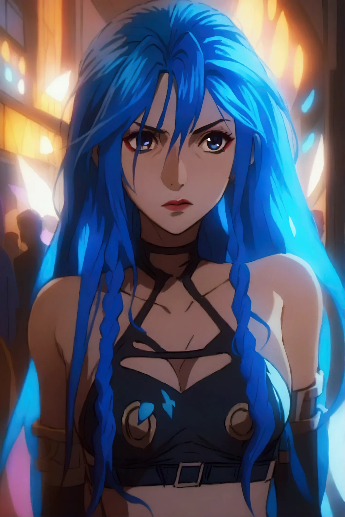 jinx, woman,  long hair, blue hair, blue hair ,  dark blue eyes , lilax and black pants, makeup