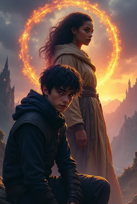 "A vivid fantasy cover featuring two central figures, their contrasting stories brought to life through a dynamic composition.

In the foreground, Edward, a fair youth with short dark hair, deep brown eyes, and youthful, baby-like features, is seated at th...