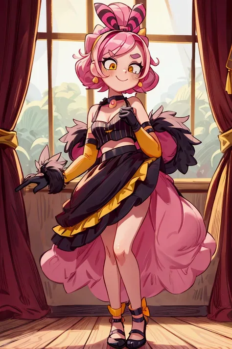 "Masterpiece, best quality, 1 girl melodie brawl stars, pink hair, eyebrow mascara, big bow, elbow gloves, black crop top, fur stole, choker, standing indoors with intricate details and sunlight. black orange and yellow frilled long dress striped with shor...