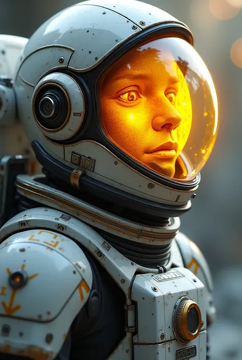  I need to create an astronaut who can see a large yellow gem inside his helmet, Besides,  looks good that his suit looks very futuristic , and that the helmet is transparent ,  that the astronauts helmet is transparent ,  so that the day . 