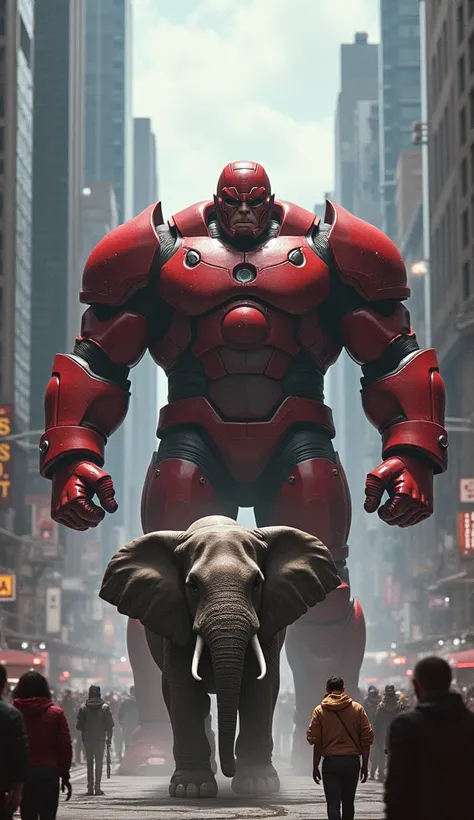 Juggernaut Marvel standing in front of an elephant in the city