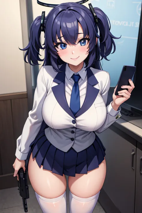 ((  best quality)), ((masterpiece)), ( super detailed),  school,uniform,date,(halo),tie,female 1 person, standing,smartphone, kn...