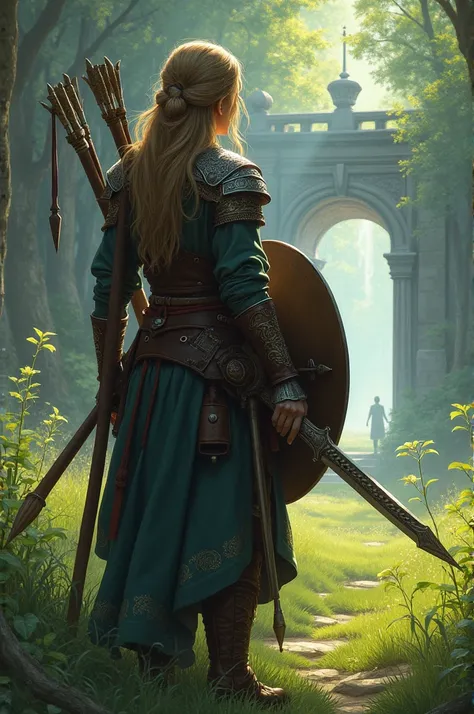 A woman,  dressed as a warrior , a high bow ,  long hair ,  backwards, with shield ,  a rod and a sword ,  looking at a meadow with an entrance to a forest,