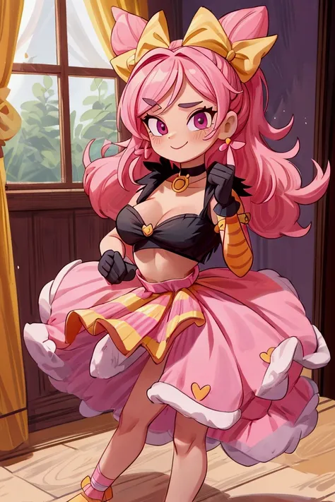 "Masterpiece, best quality, 1 girl melodie brawl stars, pink hair, pronounced eyebrow mascara, big bow, elbow gloves, black crop top, fur stole, choker, standing indoors with intricate details and sunlight. black orange and yellow frilled long dress stripe...