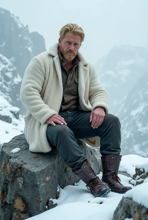 A digorous blonde man sitting in a white cardigan on top of the mountain Ahmet Rock is sitting in a white cardigan Draw it in the snow in winter
