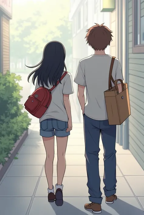 black-haired girl in urban clothes ,  walking backwards ,  hanging a bag over one shoulder  y un chico parado ropa urbana, watching , brown haired,  hanging a bag over one shoulder . Girl later than the boy