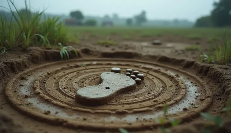  A close up of a strange imprint on the Earth with a diameter of 40 cm and a remarkable depth.  The footprint is surrounded by circular grooves in the ground , suggesting a controlled landing . The landscape is rural,  with some natural background elements...