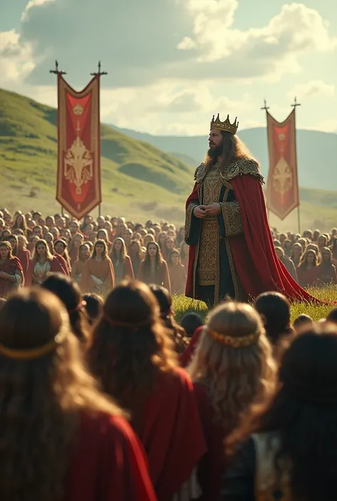 The king addressing a large crowd in an open field, emphasizing justice and fairness, with banners of justice fluttering in the breeze.