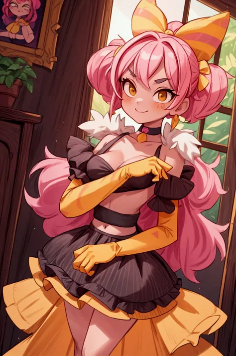 "Masterpiece, best quality, 1 girl melodie brawl stars, pink hair, pronounced eyebrow mascara, big bow, elbow gloves, black crop top, fur stole, choker, standing indoors with intricate details and sunlight. black orange and yellow frilled long dress stripe...