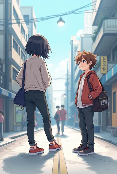 black-haired girl in urban clothes ,  walking backwards ,  hanging a bag over one shoulder  y un chico parado ropa urbana, watching , brown haired,  hanging a bag over one shoulder . Girl later than the boy, illustrated