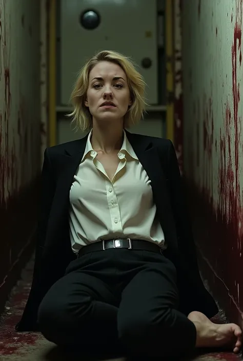  Anne Hathaway wearing black pants and white buttoned silk shirt with black jacket in a bloody old basement sitting on the floor with her head against the wall, her hands tied behind her back ,  her mouth covered with silver tape , Sleeping blonde hair 