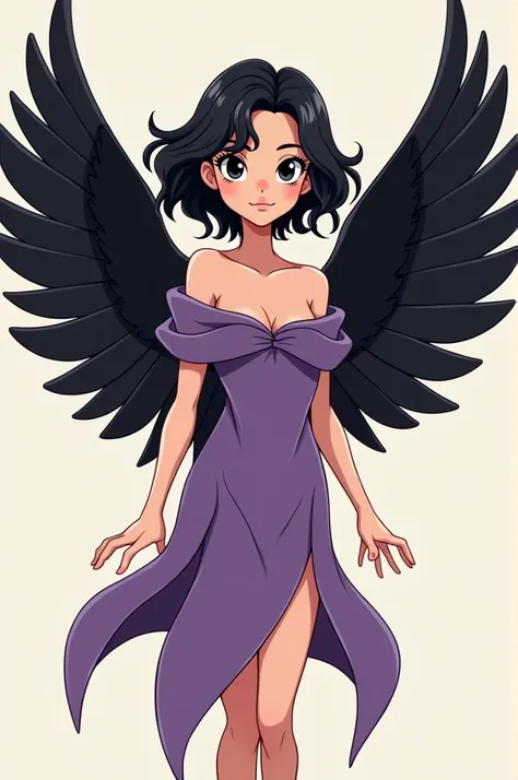 That she has black eyes, short wavy hair, be like a cartoon, black wings, purple clothes. 