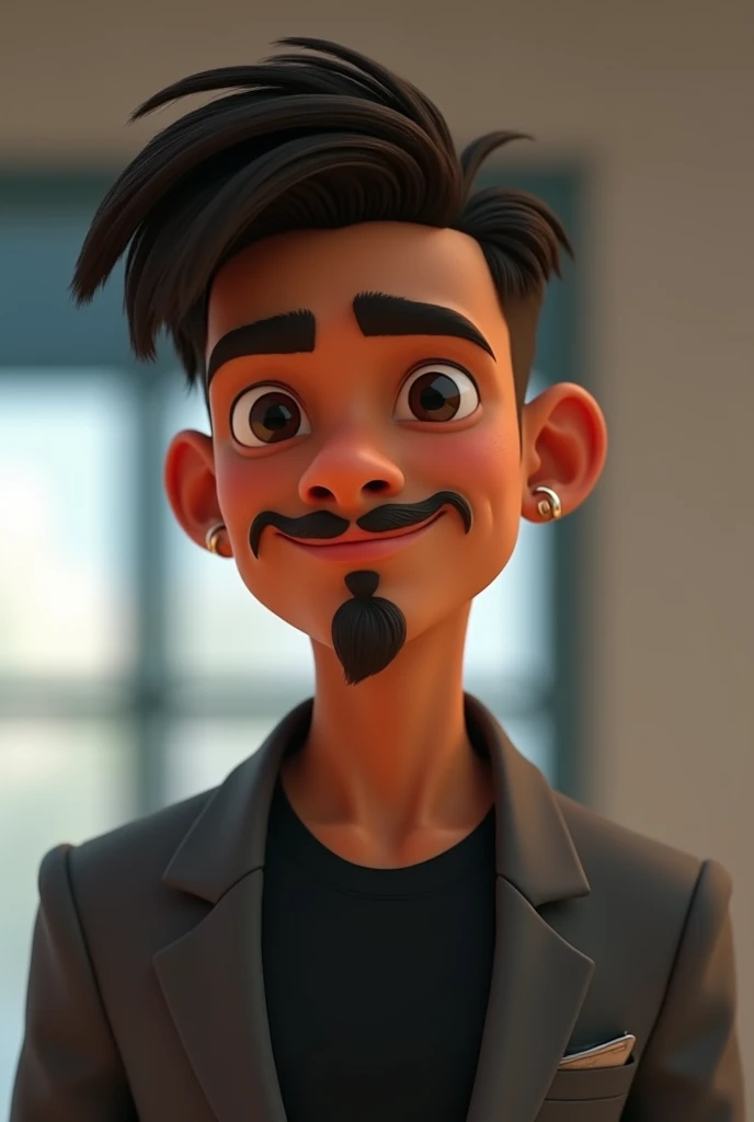 Avatar Pixar style  , teenage man,    black t-shirt and gray coat.   Dark brown straight hair ,  ,  skin tone  #b38b6d   ,    Brazilian and indigenous traits, mustache and goatee,    Looking forward,    professional position   ,  Shorter hair ,    without ...