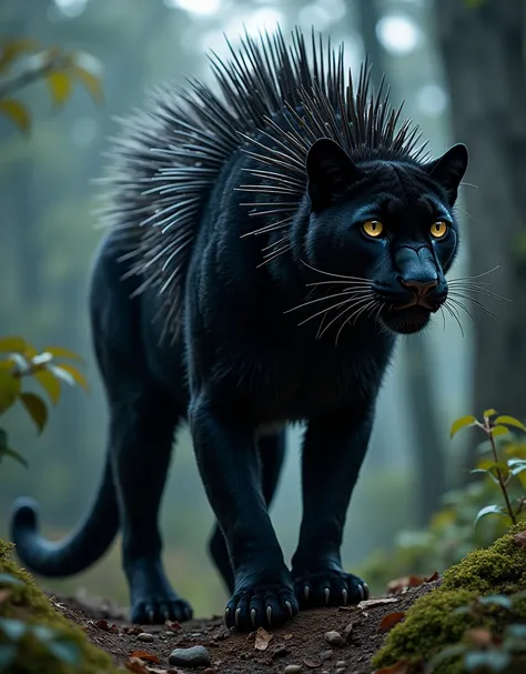 Design a hybrid creature that combines the sleek elegance of a black leopard with the unique features of a hedgehog. The creature has the powerful, muscular body of a leopard, covered in glossy black fur, but its back is adorned with a dense layer of sharp...