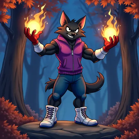  A black muscular wolf furry jock with white glowing eyes without pupils in silver bracelets, In white boots, wearing blue pants ,  in a purple zippered sleeveless sweater, wearing red gloves, standing on a rock in an autumn forest at night holding a fireb...