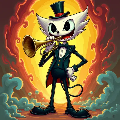 Create a trumpeter villain ,  cartoon e em estilo cuphead