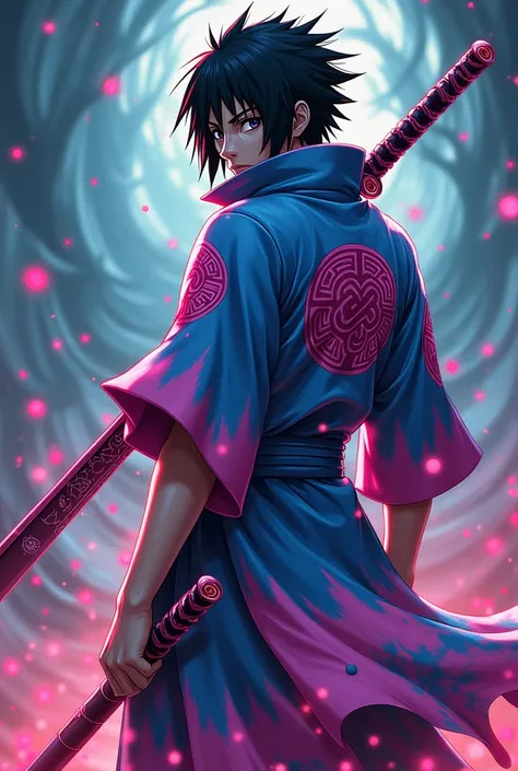 Uchiha Sasuke wearing tie dye holding a sword with Arai Tie Dye on the sword