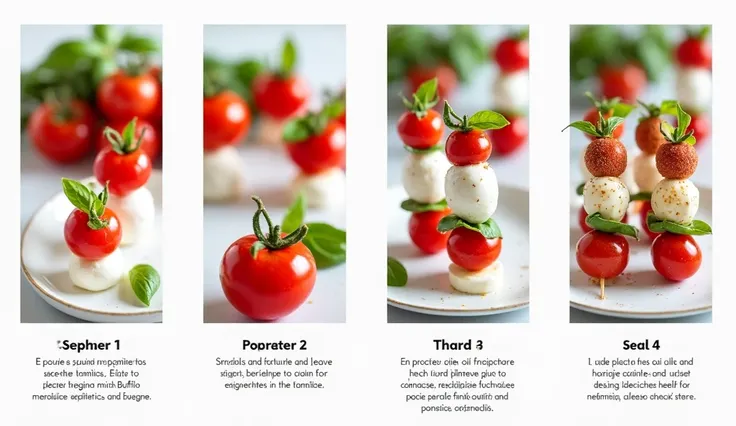 " Create a step-by-step guide Visual for the recipe for Mini Caprese Skewers.

First image:  Show all the ingredients arranged in an organized way :  10 cherry tomatoes ,  10 buffalo mozzarella balls ,  10 fresh basil leaves , olive oil, shall,  pepper and...