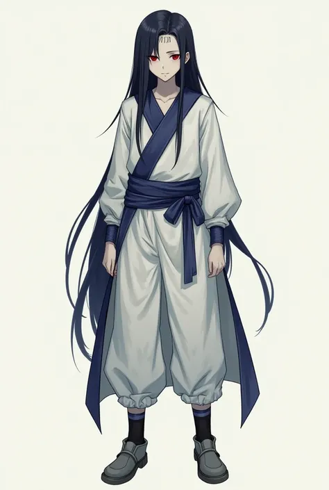 Male, tall, black hair to shoulders, Red eyes, a second pair of smaller Red eyes under them, white robes with dark blue elements, dark blue belt, white baggy pants, Black socjs, and Grey shoes, 
 