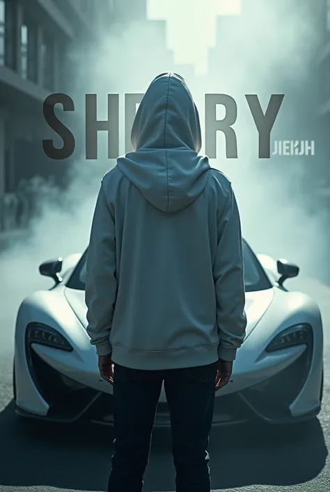 Generate a picture of a white hoodie man standing in front of the sports car with face towards the car  with smokie effect from the car and on the picture write the name sherry  in bold font and Where Is Berlin? in bold font