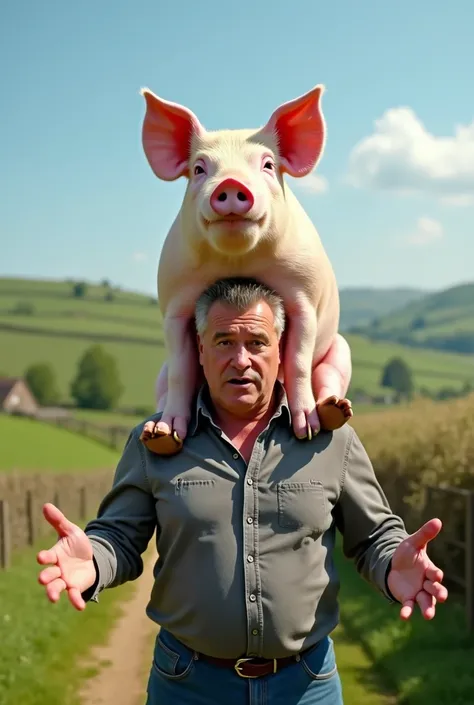 A realistic photo of a pig riding Jeremy Clarkson 