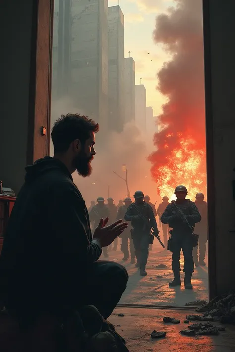 An image where a Man is praying to Jesus in a room, And in the other you see police fighting in trenches with criminals in the form of Demons