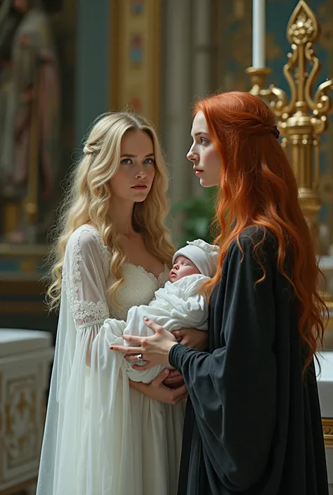 Blonde hair blue eyes Woman giving birth to twins in a white dress inside st.annes church altar with a redhead witch with hazel eyes in New Orleans
