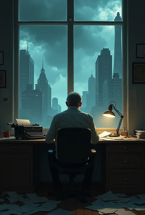 A lonely man, Alex, He sits at his desk ,  surrounded by papers and an old typewriter. out,  a storm hits the city .